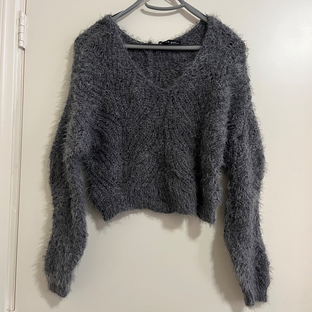 Hyfve Womens Shaggy Eyelash Knit V-Neck Sweater S Gray‎ Whimsigoth Fairy Grunge